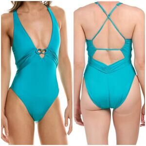 Trina Turk NWOT Monaco Plunge Chain Hardware One-Piece Swimsuit Size 12 Blue